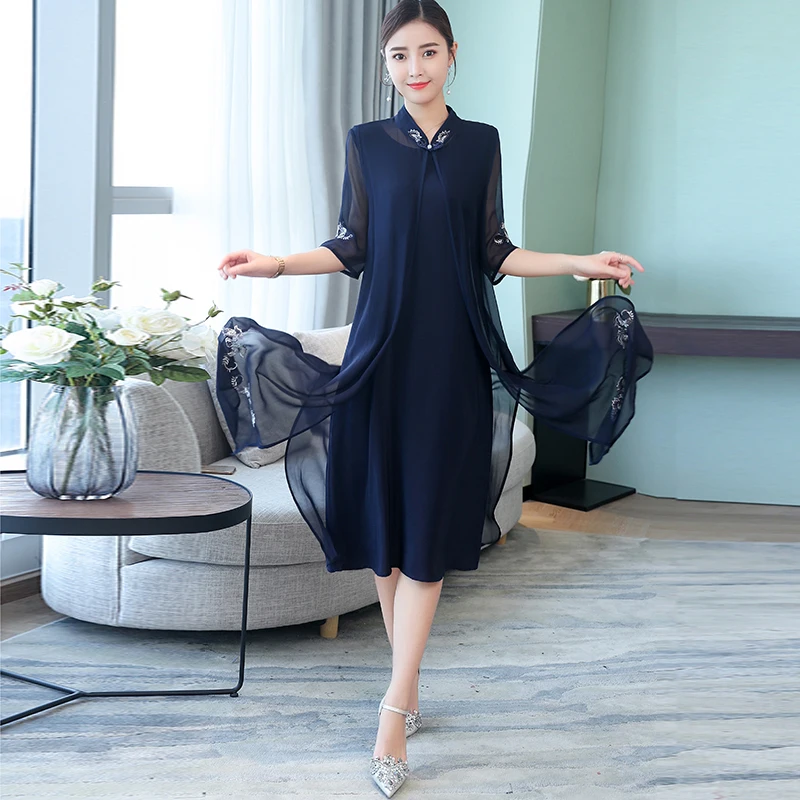 2018 Новое Летнее шелковое платье в китайском стиле Дамский модный комплект из