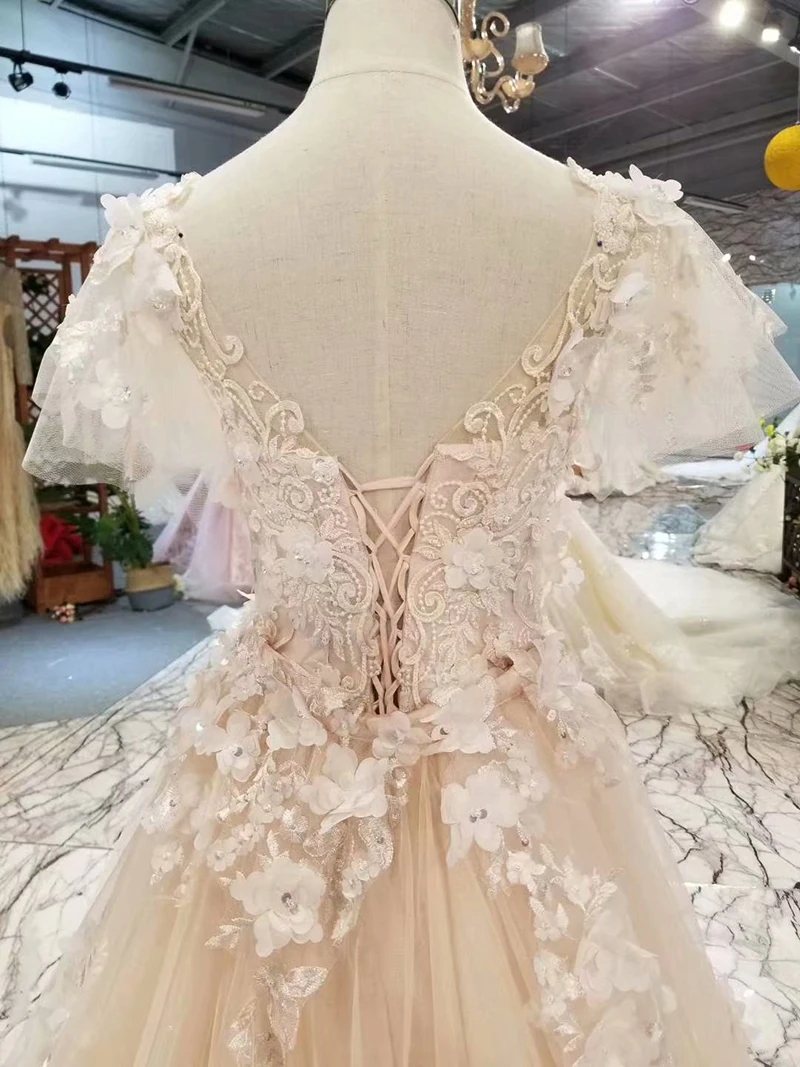 LSS164 A line wedding dress o neck short sleeve small sheath bride deep v-back detachable train nikah elbisesi | Свадьбы и торжества