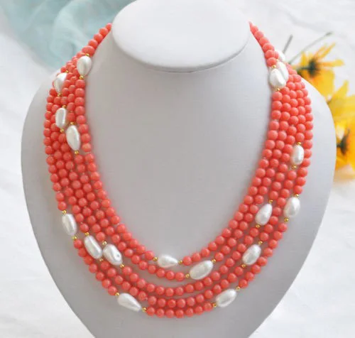 wholesale natural 5row 21" pink coral bead white baroque pearl NECKLACE