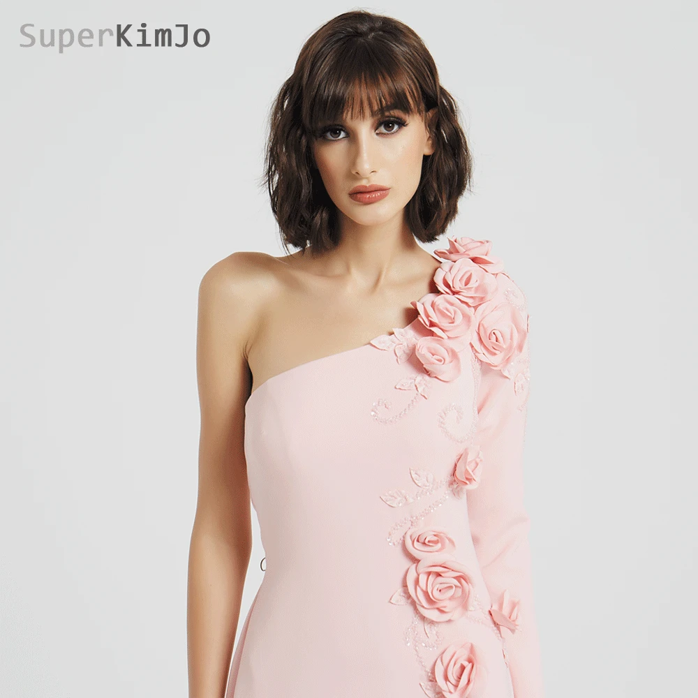 SuperKimJo 2019 Abendkleider розовые вечерние платья на одно плечо Длинные 3D цветы вышитые