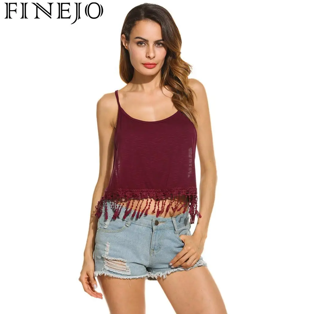 FINEJO Crochet Fashion Sexy Round Neck Spaghetti Strap Solid Women Lace Fringed Cropped Cami Tops | Женская одежда