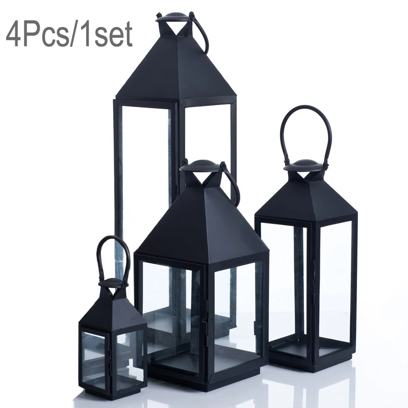 Black 5Pcs 1 set Подсвечник Европейский Стиль Железный стеклянный подсвечник Фонарь марокканский стиль фонарь в форме свечи стекло черный/белый/бронзовый цвет - Цвет: Black 5Pcs 1 set