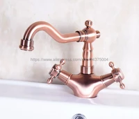 basin faucet antique red copper double handle bathroom kitchen faucet swivel spout vessel sink mixer tap deck mounted nnf255