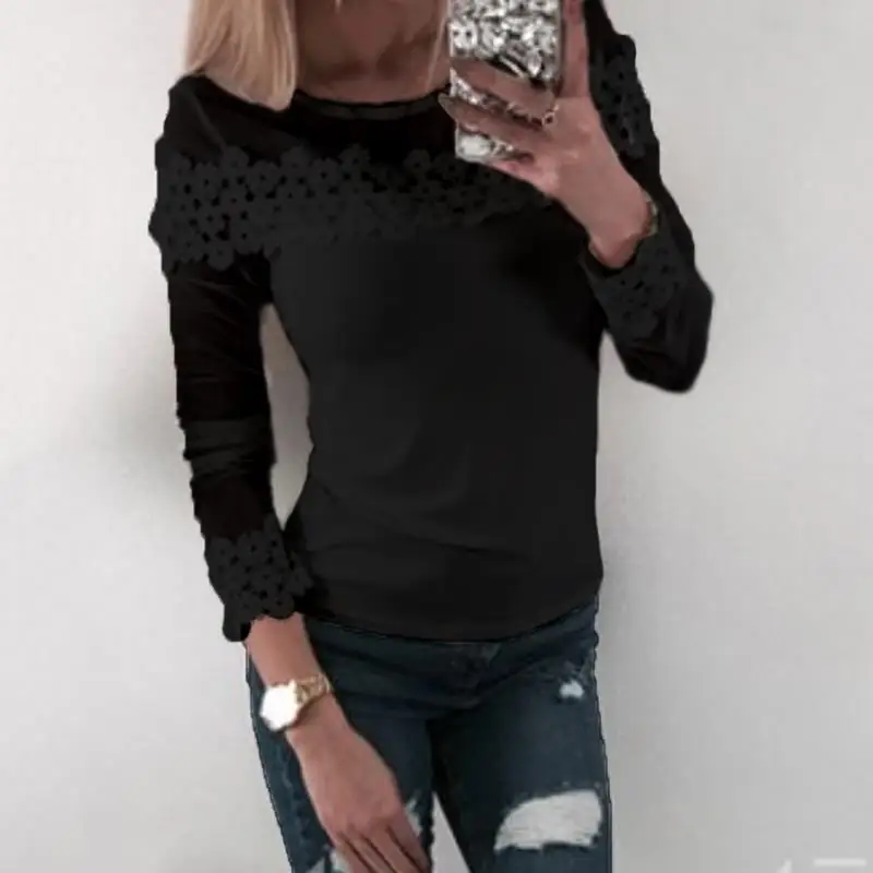 

Women White Lace Tops Spring Summer 2019 Fashion Lace Patchwork See Through Casual Long Sleeve Femme Top WS6081C