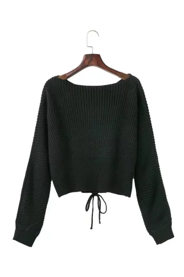 

Lace up warm knitted pullover sweater Women black waistband long sleeve jumper Autumn winter knitting pull femme