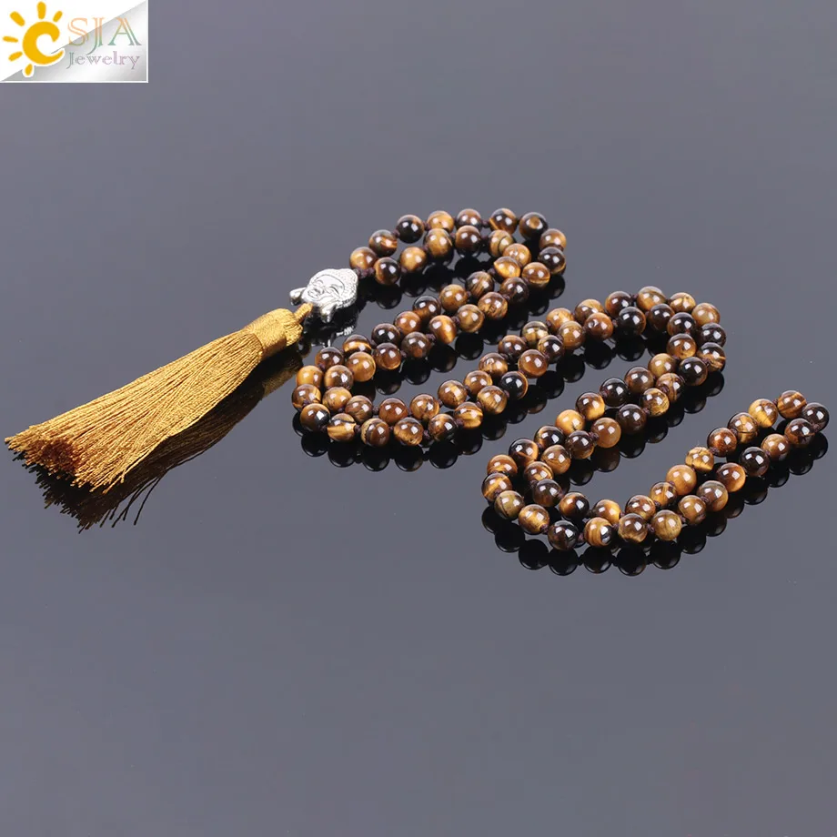 

Ожерелье CSJA 2018 натуральный драгоценный камень тигровый глаз ожерелье для мужчин 6 мм 108 бусины рейки Будда шампанское подвеска F139