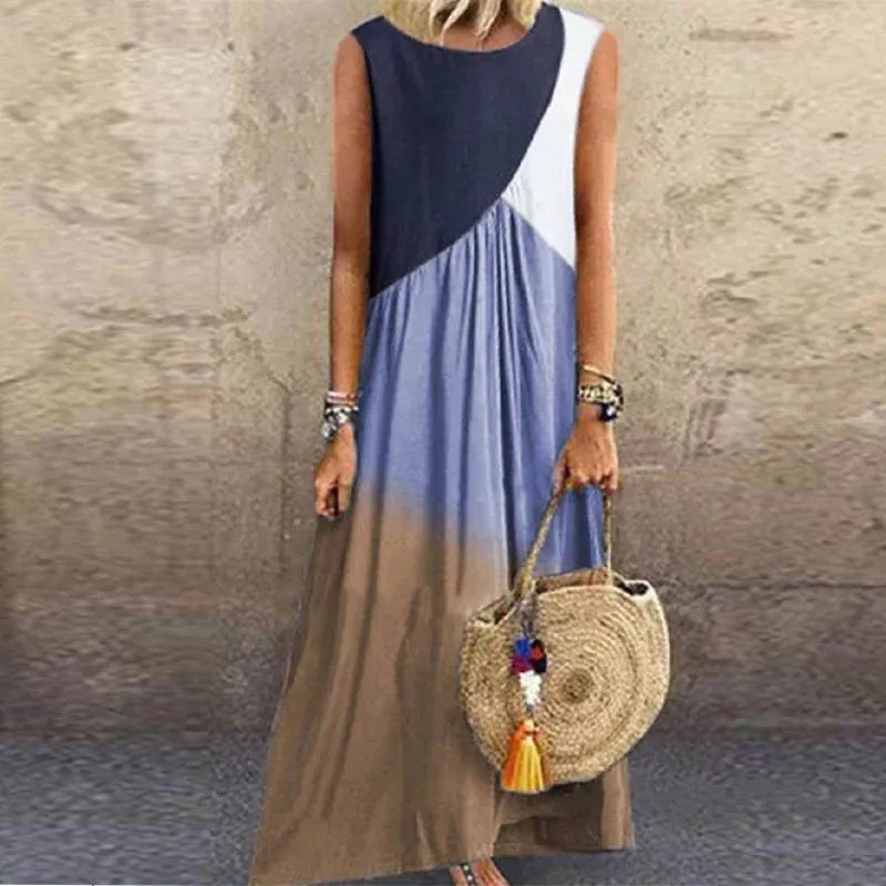 02 Blue VIEUNSTA 5XL Summer Print Patchwork Long Party Dress Women Vintage Short Sleeve O-Neck Beach Dress Sexy Plus Size Female Dresses - Цвет: 02 Blue