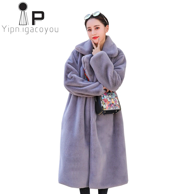 Пальто с искусственным кроличьим мехом Осень зима 2020 длинное Норковое женское