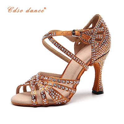 Bronze 9cm heel Cdso/Танцевальная женская обувь из бронзового атласа для латинских танцев; женские Стразы; обувь для сальсы; вечерние свадебные туфли на высоком каблуке 10 см; мягкая подошва - Цвет: Bronze 9cm heel