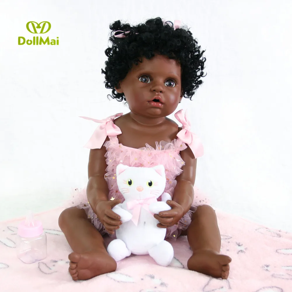

55 см полностью силиконовая черная кожа возрождающаяся Детская кукла игрушка для девочки Boneca виниловый новорожденный младенец милый подаро...