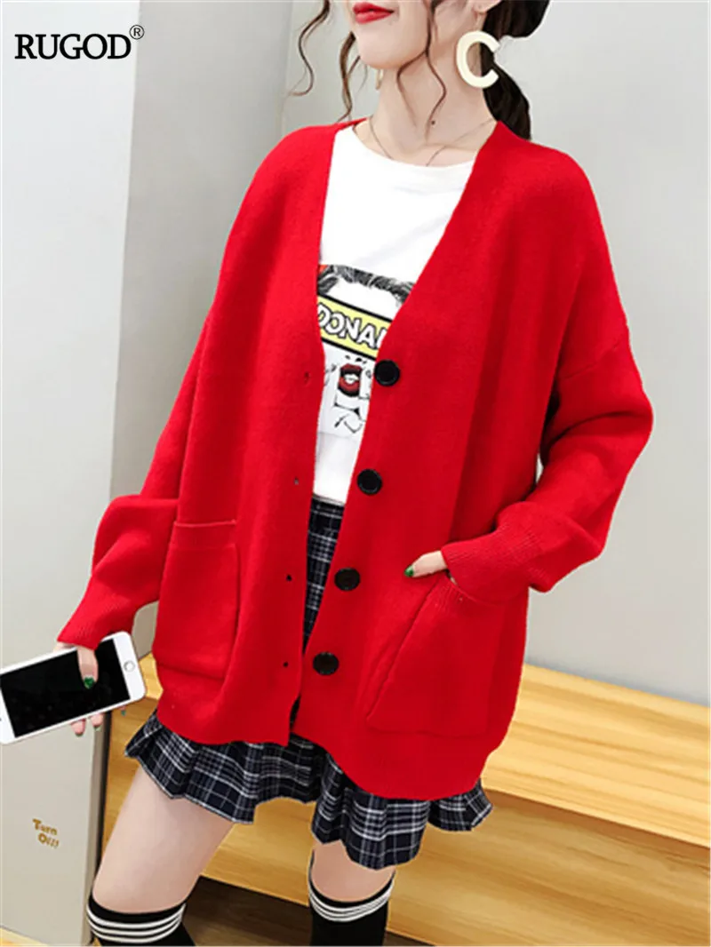 Красный RUGOD Korean Style Women Cardigan Solid Single Breasted Pockrts Womens Cardigan Long Sleeve Sweet Gril Knitted Sweater - Цвет: Красный