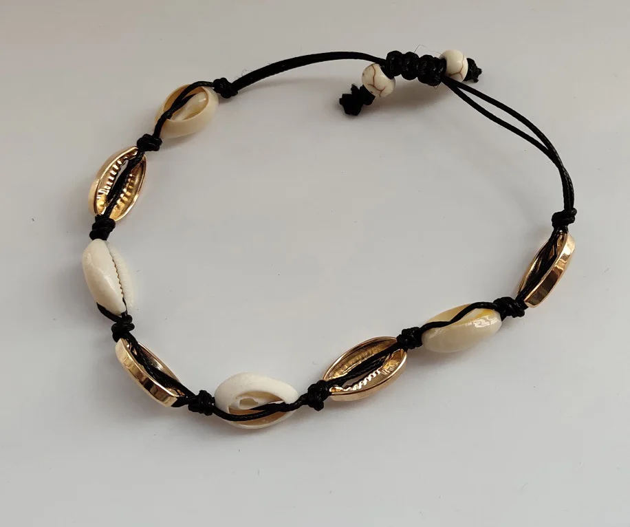 Seashell Anklet natural alloy material bead accessory with Beige and black string rope adjust size | Украшения и аксессуары
