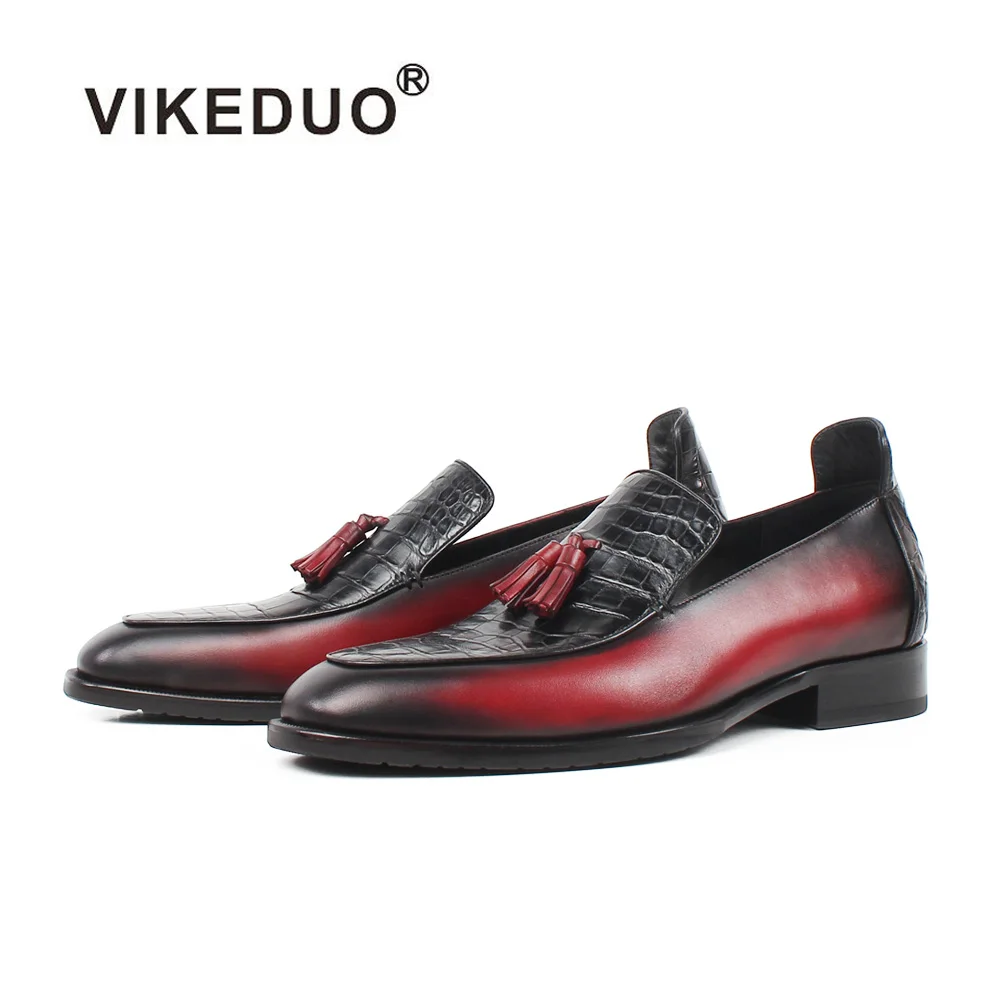 Мужские лоферы VIKEDUO красные туфли из натуральной крокодиловой кожи с кисточками
