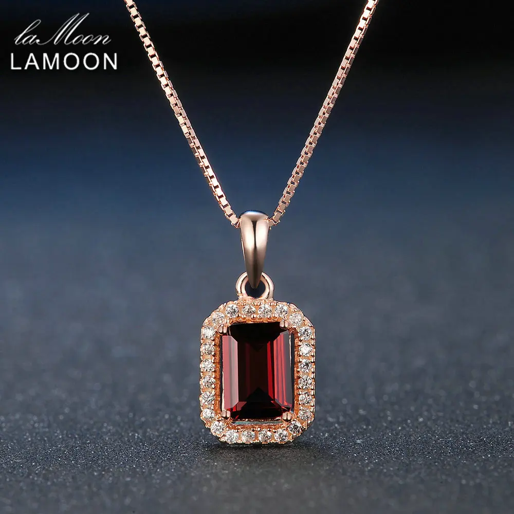 

LAMOON 925 Sterling Silver Necklace Rectangular Red Garnet Gemstone Pendant 18K Rose Gold Plated Fine Jewelry LMNI053