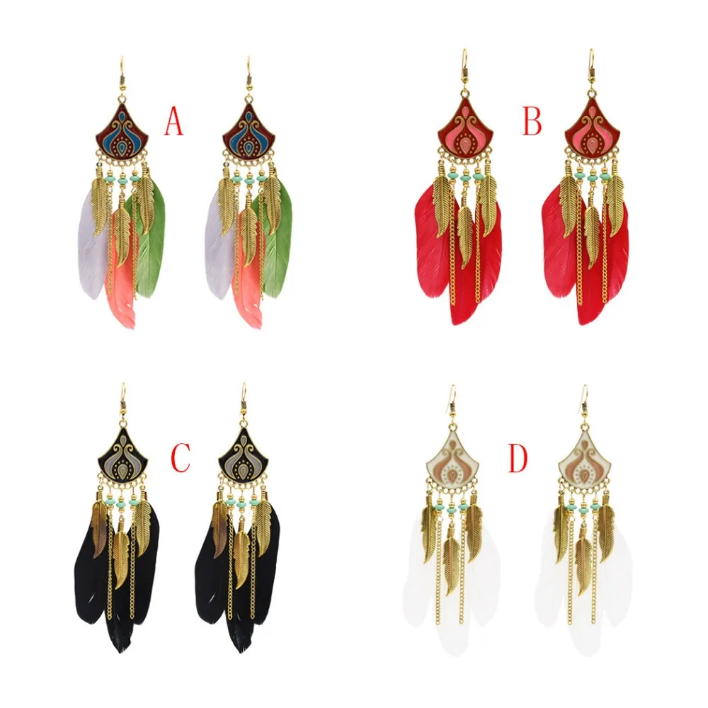 4 вида цветов богемные длинные висячие серьги с перьями золотыми листьями