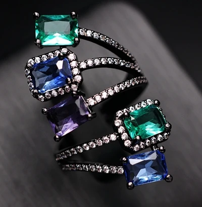 Green blue Многоцветное Кристальное кольцо на палец для женщин, винтажное красочное cz прямоугольное циркониевое геометрическое Открытое кольцо с камнем цвета шампанского, Золотое ювелирное изделие - Цвет основного камня: Green blue