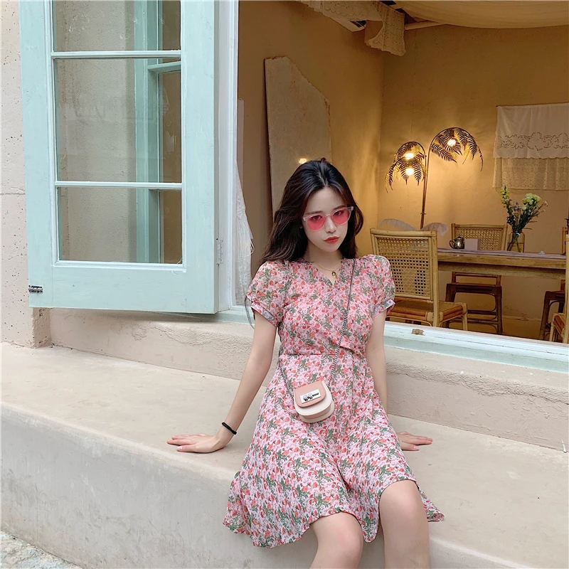 Женские Летние Платья мини Лидер продаж модное милое шифоновое платье с коротким