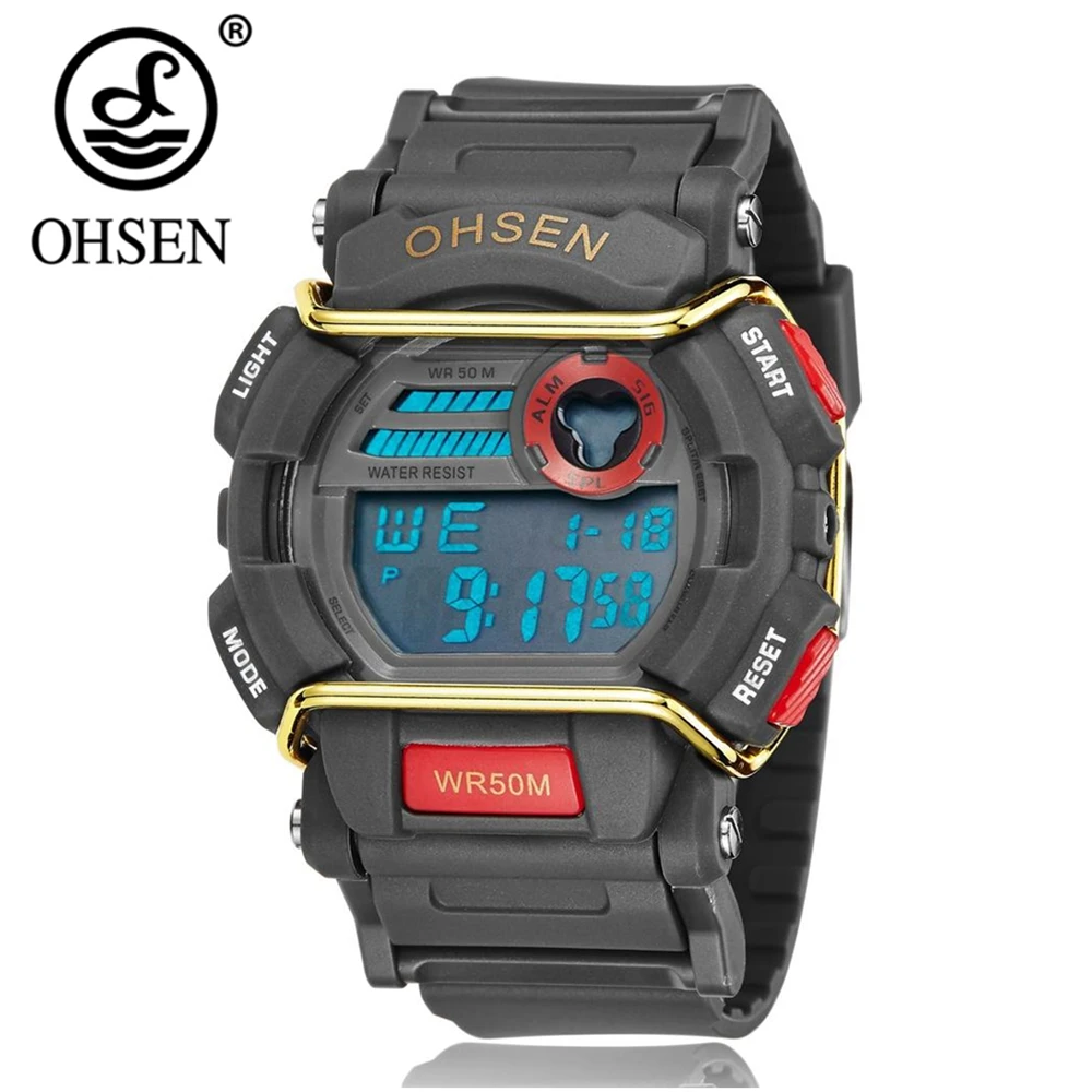 2017 Ohsen цифровой бренд LCD спортивные мужские крутые наручные часы силиконовый