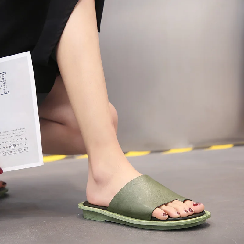 Женские кожаные шлепанцы пляжная Летняя обувь вьетнамки на низком каблуке