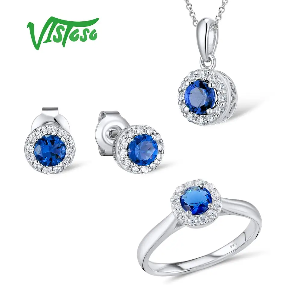 VISTOSO ювелирные наборы для женщин синий кристалл камни ювелирный набор серьги