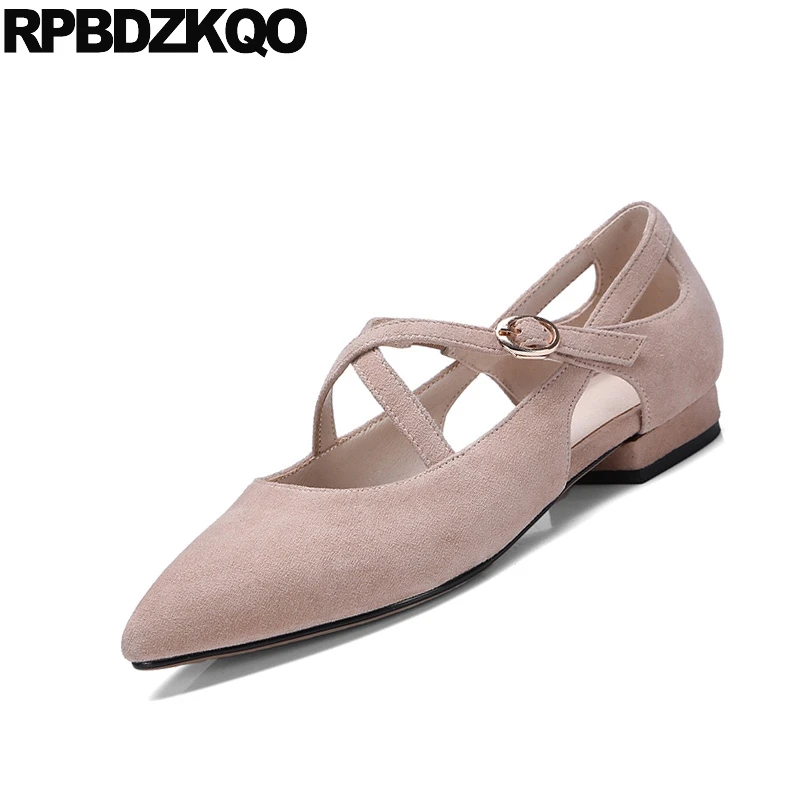 2021 Nude Pink Ladies Korean Women Pointed Toe Latest Shoes Designer China Beautiful Mary Jane Flats Mori Girl Suede Cross Strap | Обувь