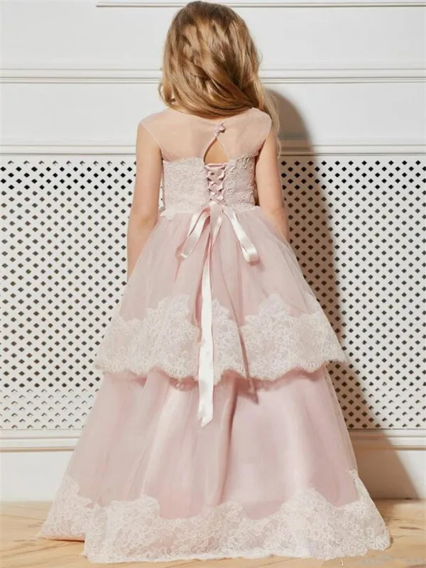 New Light Pink Tiered Flower Girl Dress with Lace Appliques Sheer Back Up High Quality Princess Customized For 2-14 Y | Детская одежда