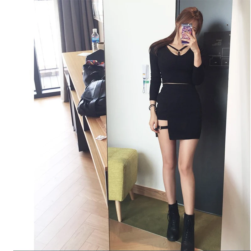 Черная юбка в клетку с бантом Корейском стиле карандаш асимметричным подолом