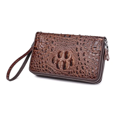 dark brown Мужской кошелек с крокодиловым узором, мужской клатч из натуральной кожи, деловой держатель для карт, мужской кожаный кошелек, сумки для мобильных телефонов - Цвет: dark brown