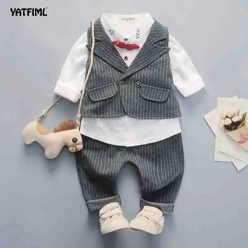 YATFIML/строгие костюмы для мальчиков, комплекты с блейзером, 3 предмета, Костюм Джентльмена для маленьких мальчиков, топы, рубашка, жилет с галстуком, штаны, Школьный костюм - Цвет: grey