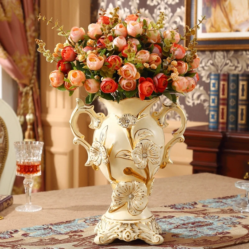 

European Retro Luxury Ceramic Vase Sculptures Crafts Livingroom Table Porcelain Figurines Decoration Dried Flower Arrangement