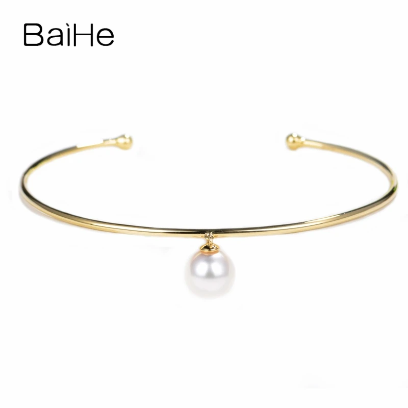 

BAIHE Solid 18K Yellow Gold 7.5mm Natural Freshwater Pearl Bracelet Women Fine Jewelry Making Perlový náramek Pulsera de perlas