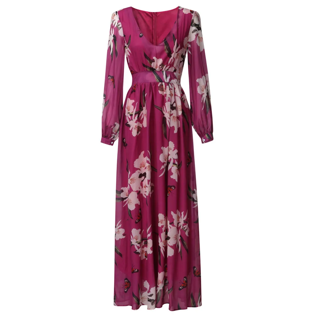 Женское шифоновое Плиссированное Платье макси с длинным рукавом и цветочным