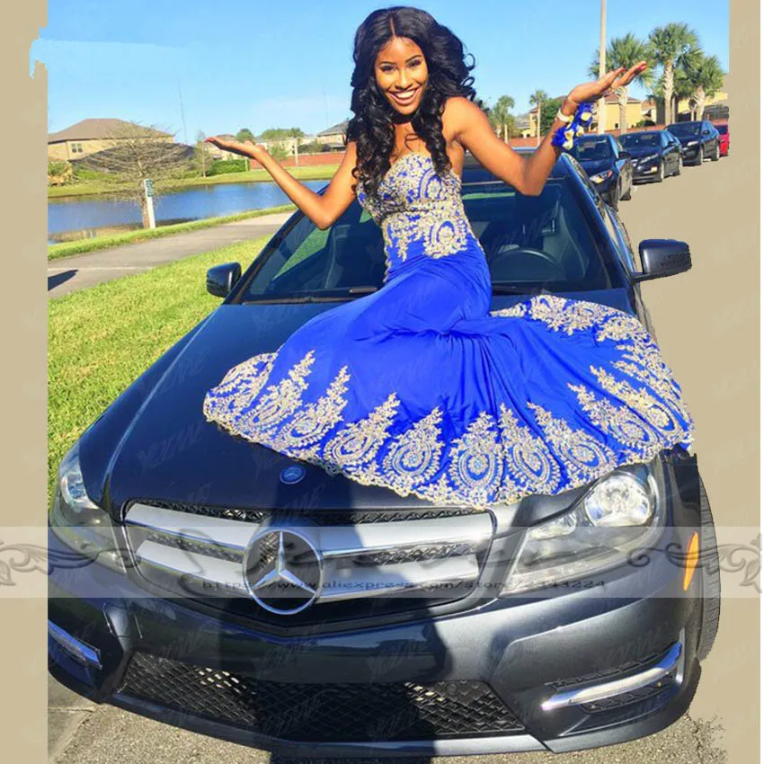 Elegant Gold Appliques Royal Blue Long Evening Dresses 2019 Sexy Sweetheart Sweep Train Formal Gown Vestido De Gala Abiye Custom | Свадьбы и