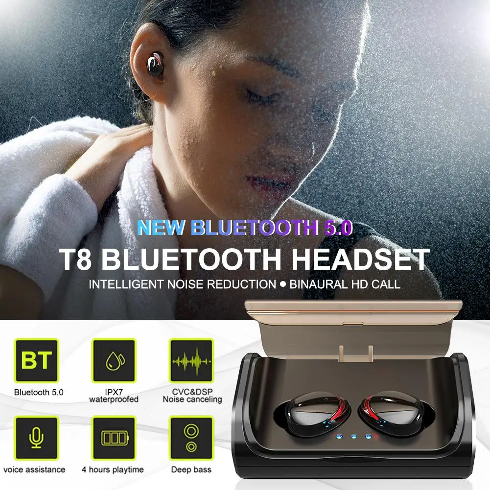 T8 Bluetooth гарнитура наушники-вкладыши TWS Bluetooth 5,0 наушники IPX7 Водонепроницаемый Hi-Fi стерео Шум снижение спортивные наушники с зарядный чехол