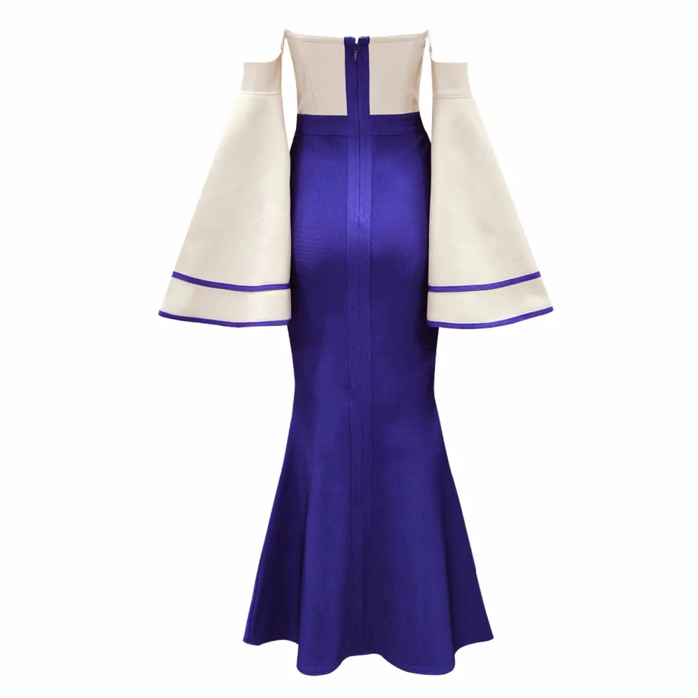 

wholesale New dress Blue and beige Flare Sleeve Tight Fashion casual celebrity Cocktail party bandage long dress (H2096)