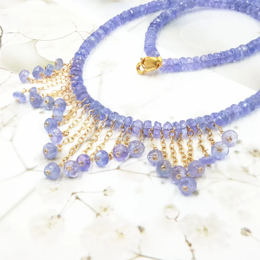 ?? Liijiユニークな天然石ブルーtanzanites Gfタッセルチョーカーネックレス女性ニースギフト結婚式ネックレスドロップ無料