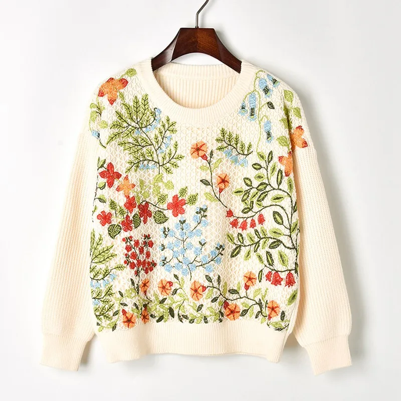 Luxury Embroidery Flower Knit Sweater 2018 Winter New Hollow Crew Neck Female Loose Thick Pullovers Sweaters | Женская одежда
