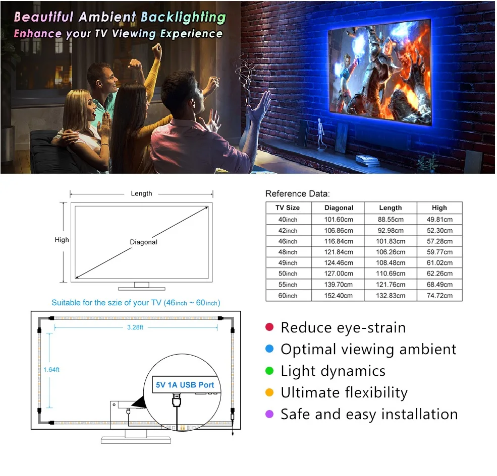 5 в RGB гибкая USB Светодиодная лента 5050 SMD клейкая для фона телевизора подсветка