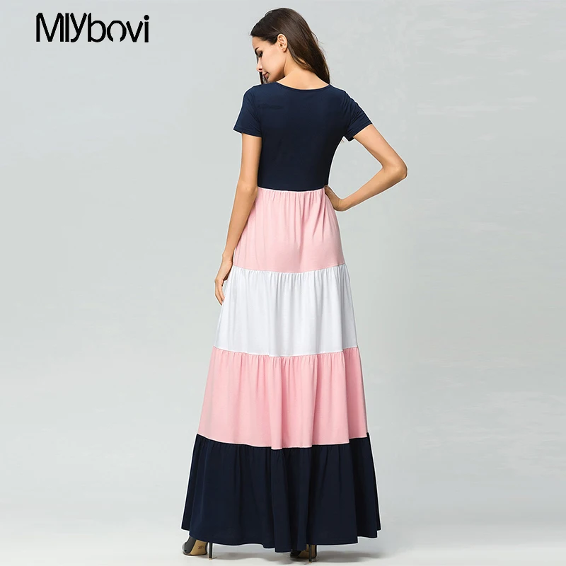 Лоскутные stripes Розовый Макси платья Женский Весна 2018 с коротким рукавом мода