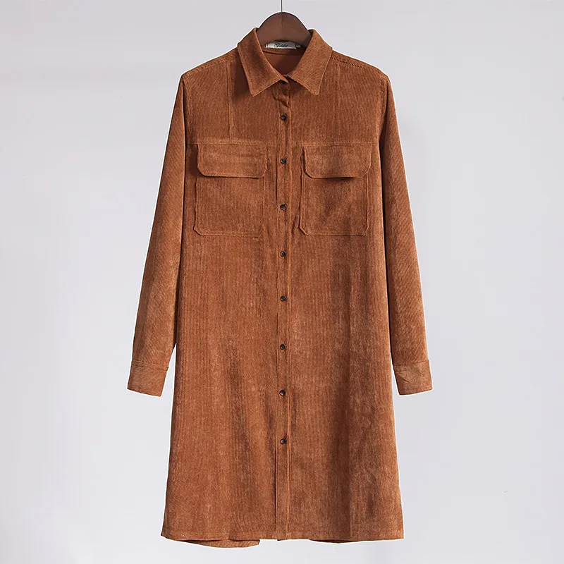 Вельветовые длинные блузки для женщин Топ Винтаж Твердые двойной лоскут карманы