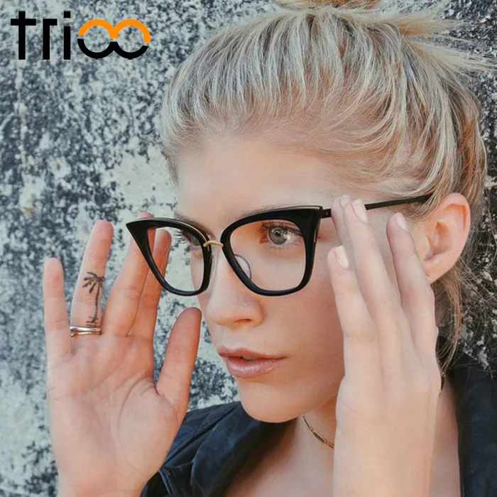 TRIOO новые черные очки кошачий глаз женские с прозрачными линзами модные
