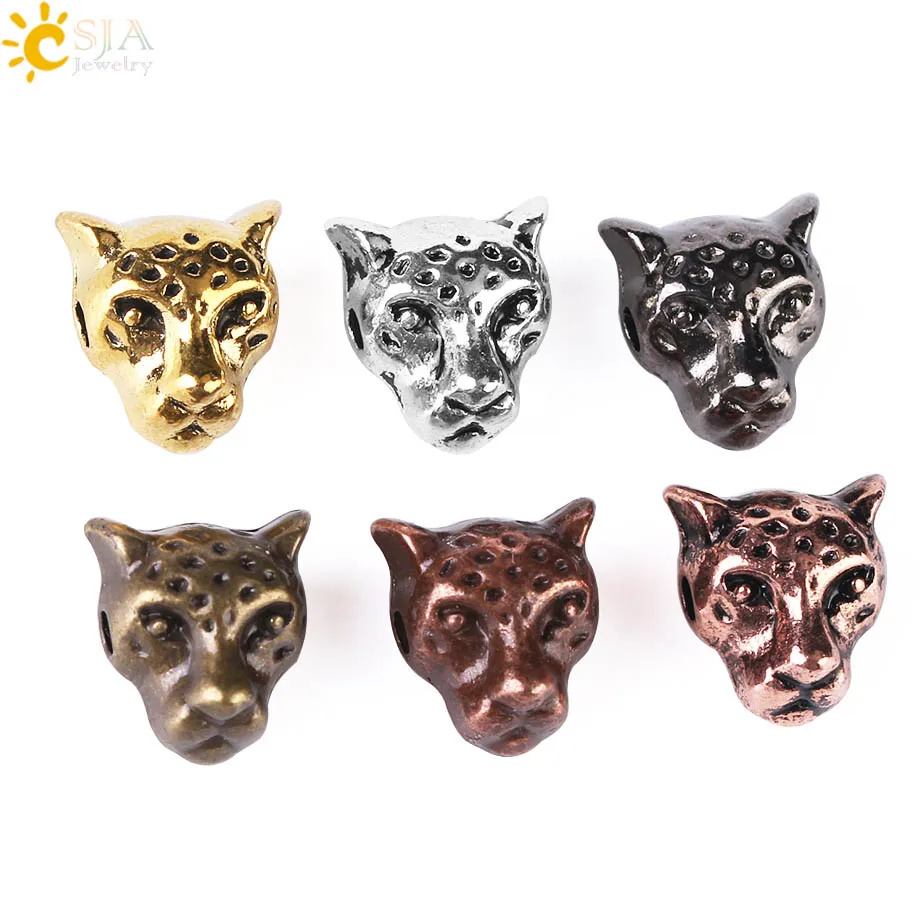 CSJA Gothic Punk Leopard Head Spacer Beads Metal Charms Antique Gold Silver Color Jewelry Findings for Bracelets Diy Making S107 | Украшения