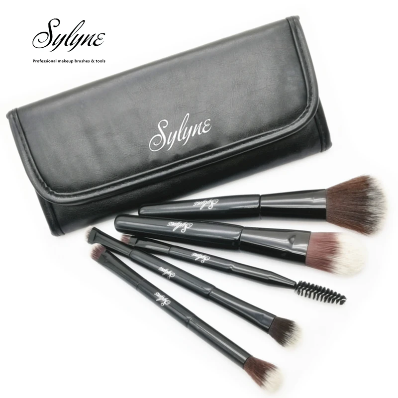 Набор кистей для макияжа Sylyne 5 шт. с сумкой Черные Портативные Профессиональные