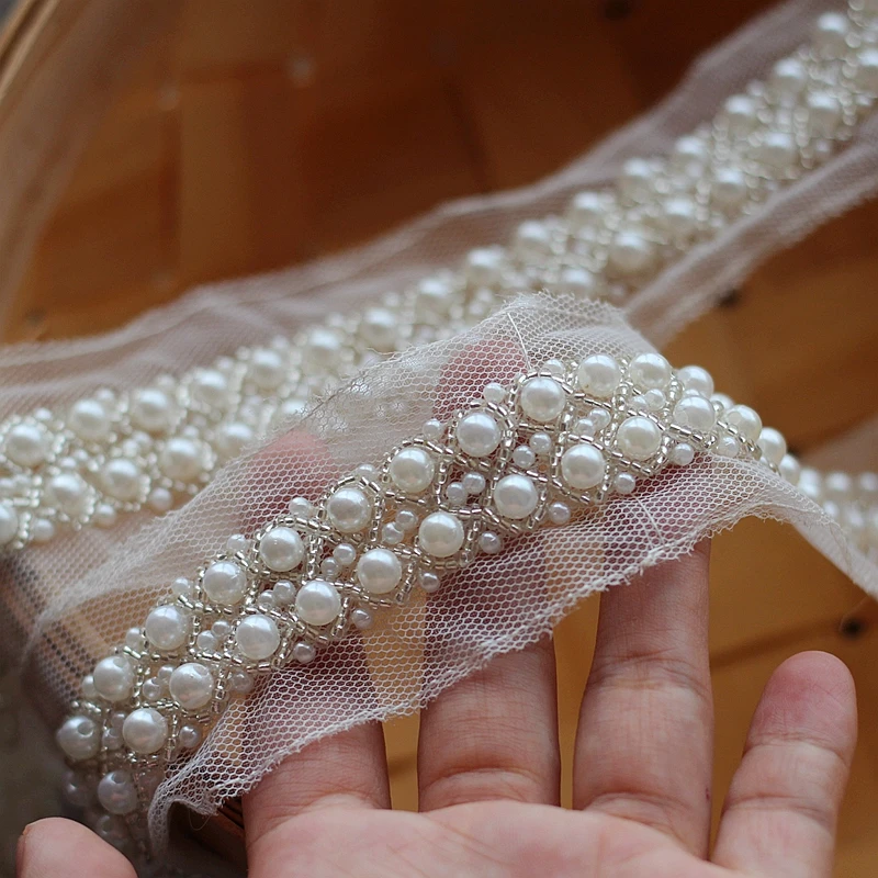 Жемчужная вышитая бисером кружевная отделка 2 ярда для костюма свадебного платья