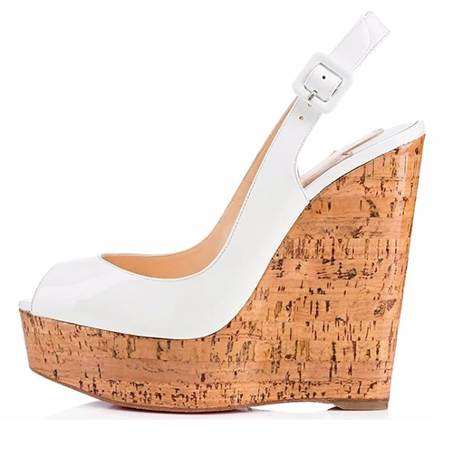 

Shiny White Patent Leather Peep Toe Women Slingback Cork Wedge Heeled Pumps Ladies Platform Wedding Shoes Skyhigh Heels