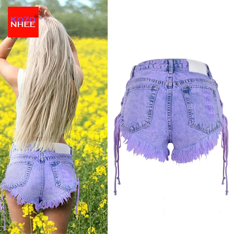 Летние фиолетовые женские джинсовые шорты с высокой талией рваные модные