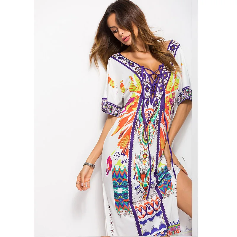 Женское длинное платье в стиле бохо свободное пляжное с цветочным принтом