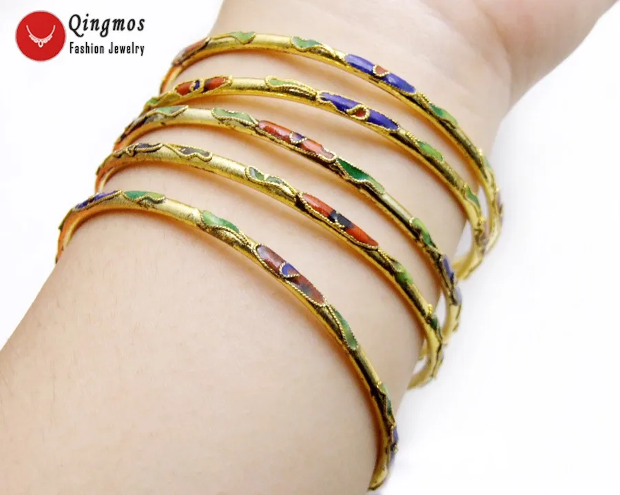 

Qingmos Wholesale 5X Handwork China Feature Gold Enamel Bangle Cuff Cloisonne Bracelet for Women Fine Jewelry B435 Free Shipping