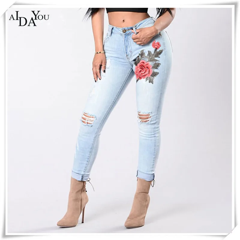 AIDAYOU summer jeans ankle length pants for club beach embroidered holes strengthened women ouc2475 |