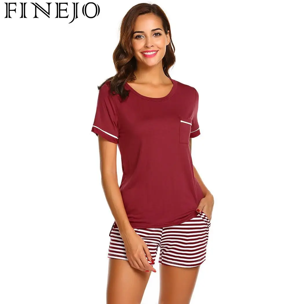 Set Front Shorts Striped Pajama Sleeve Casual Pockets Women Short O-Neck | Женская одежда